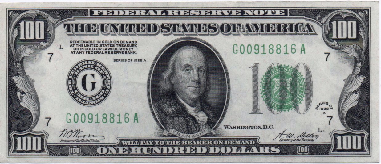 1928A $100 Federal Reserve Note Fr. 2151-G Choice Uncirculated – Chicago District Y4ER — Obverse