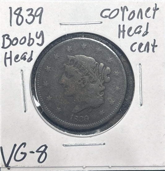 1839 Coronet Head Cent Booby Head 1054.8-A — Obverse