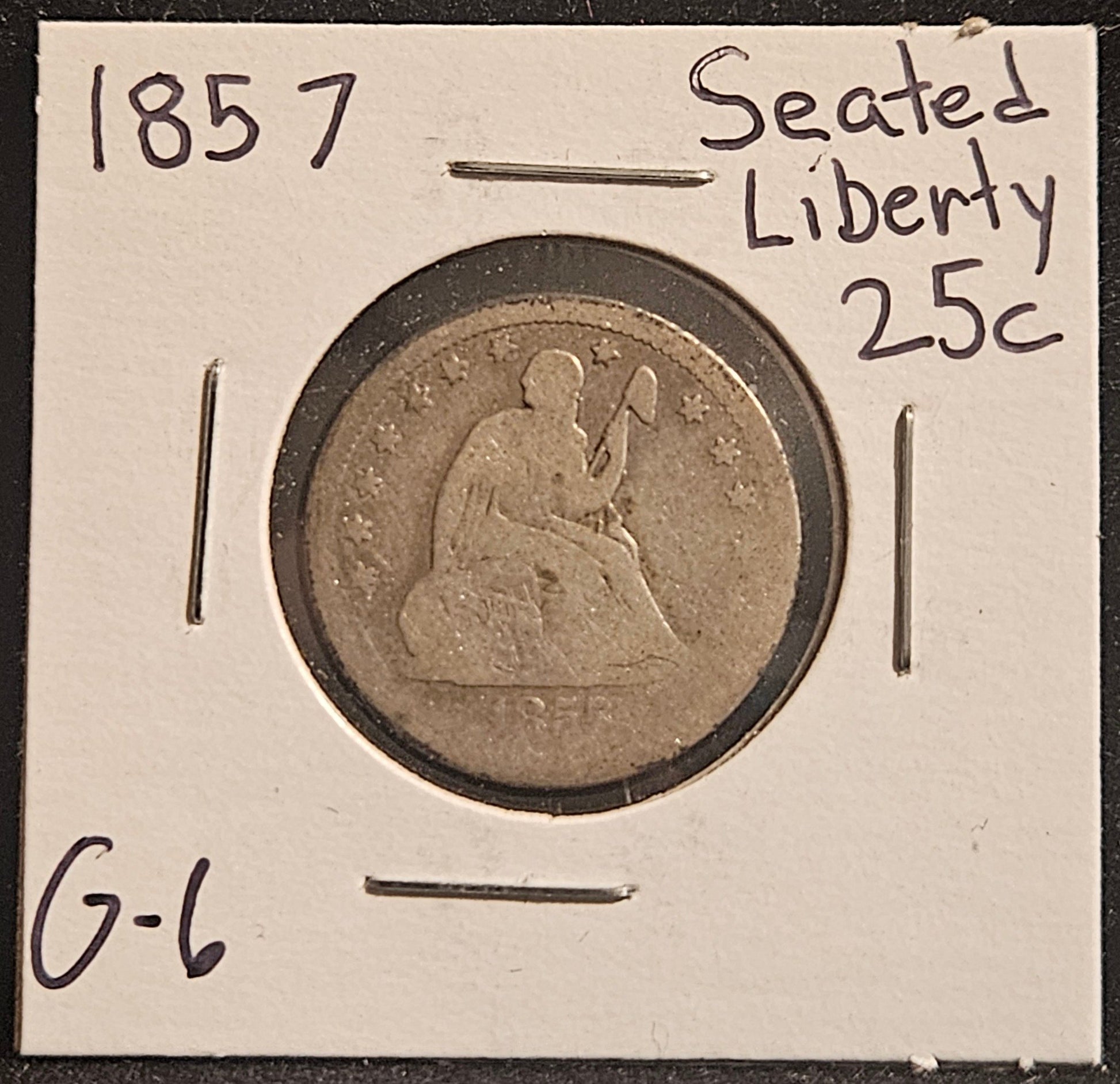 1857 Seated Liberty Quarter G-6 5128.6-A — Obverse