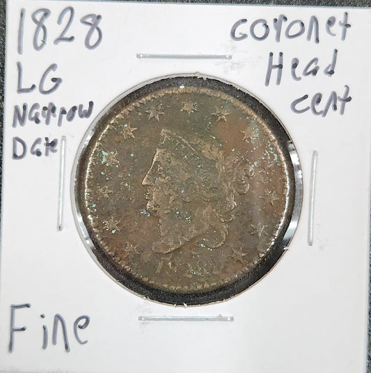 1828 Coronet Head Cent Large Narrow Date FINE 946.D12-A — Obverse