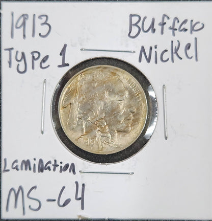 1913 Buffalo Nickel Type 1 Lamination MS-64 3077.64-A — Obverse