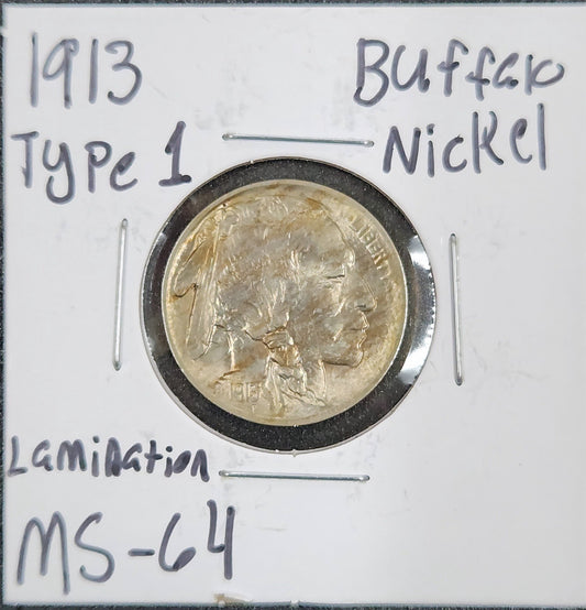 1913 Buffalo Nickel Type 1 Lamination MS-64 3077.64-A — Obverse