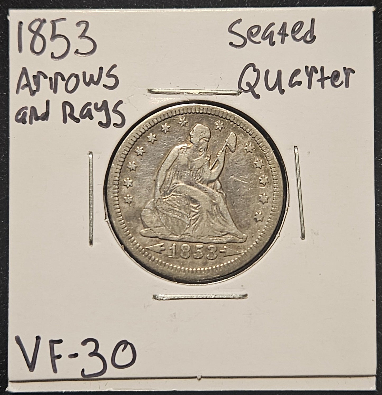 1853 Seated Liberty Quarter Arrows + Rays VF-30 5124.30-A — Obverse