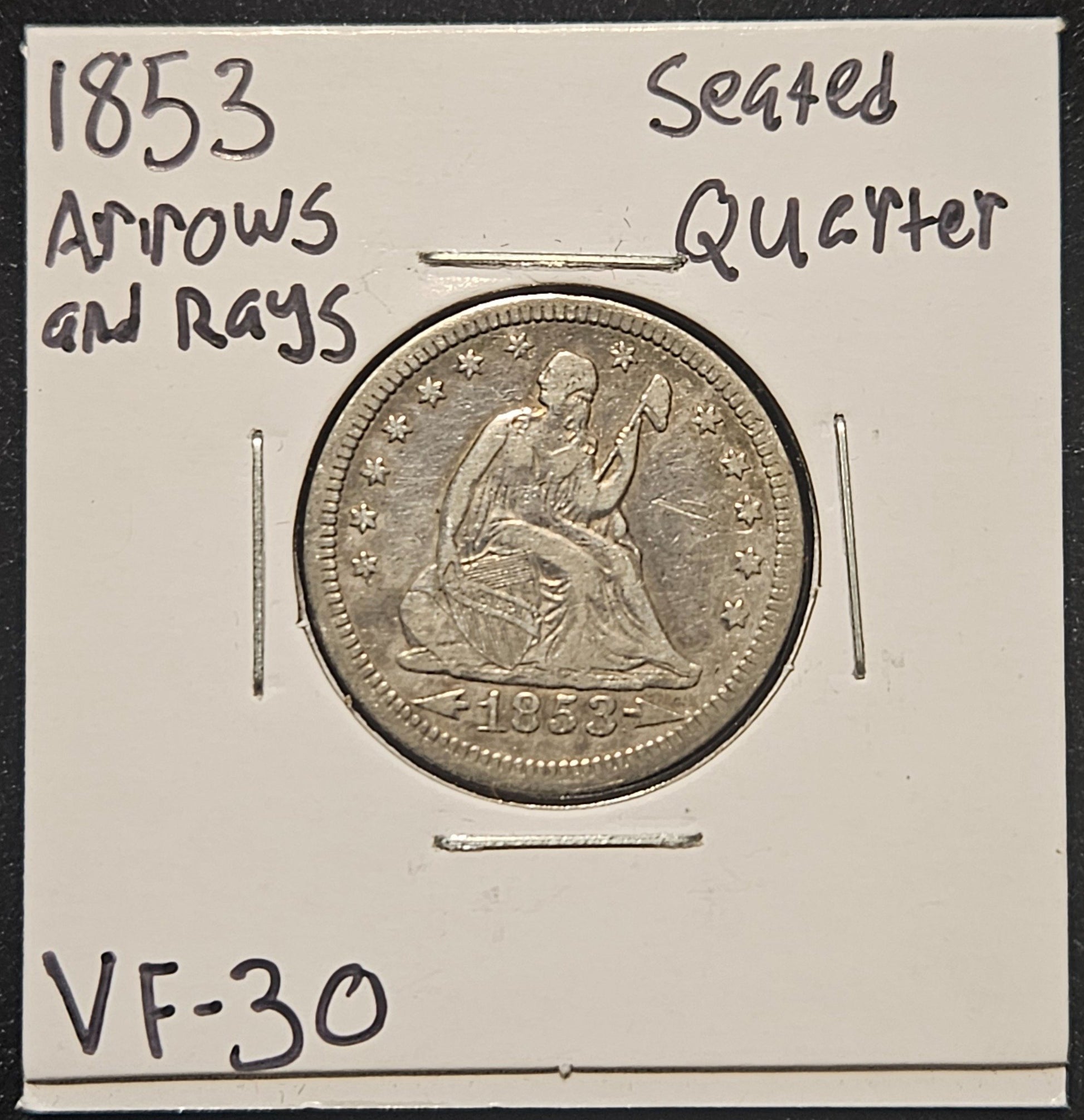 1853 Seated Liberty Quarter Arrows + Rays VF-30 5124.30-A — Obverse