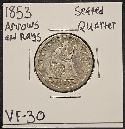 1853 Seated Liberty Quarter Arrows + Rays VF-30 5124.30-A — Obverse