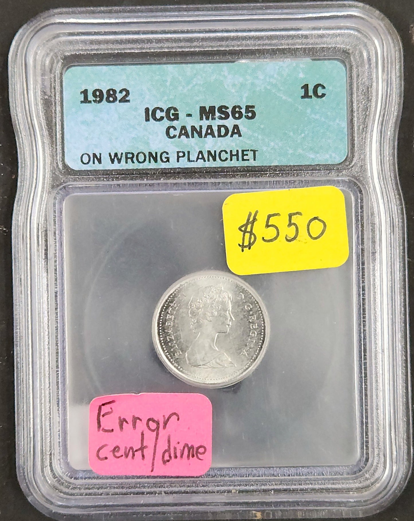 1982 1 Cent MS65 Canada ICG Error On Wrong Planchet Cent On Dime A5JN — Obverse
