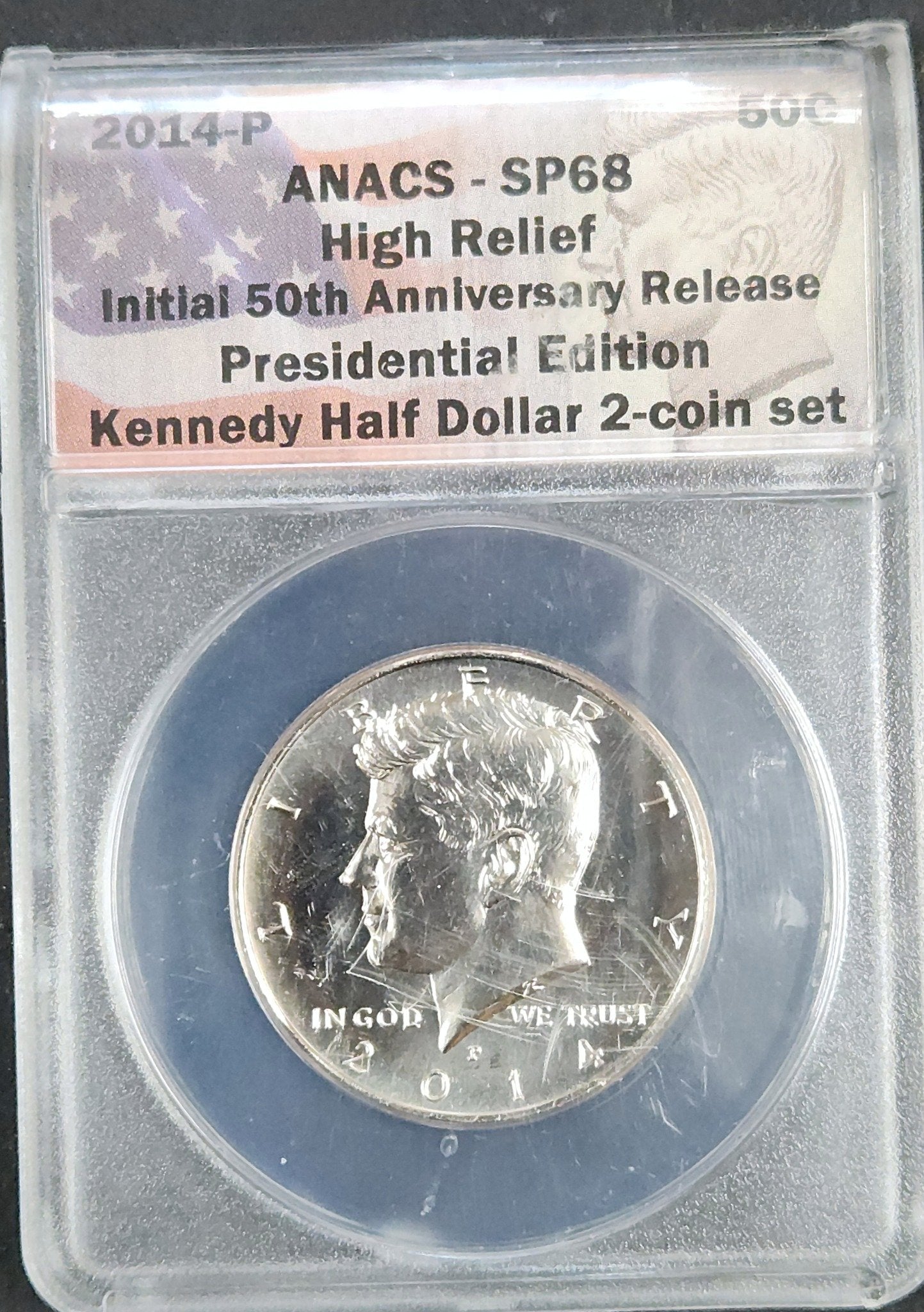 2014-P Kennedy Half SP68 High Relief Initial 50th Anniversary Release Presidential Edition Kennedy Half Dollar 2-Coin Set 82061.68-0400204020300022 — Obverse