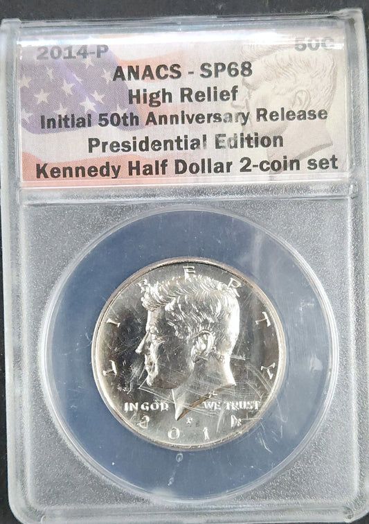 2014-P Kennedy Half SP68 High Relief Initial 50th Anniversary Release Presidential Edition Kennedy Half Dollar 2-Coin Set 82061.68-0400204020300022 — Obverse