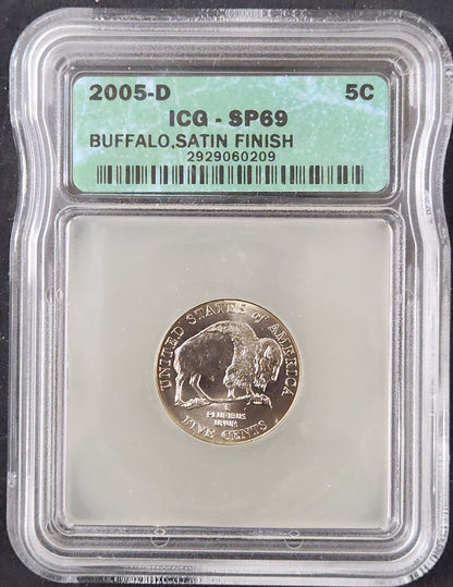 2005-D SP69 Jefferson Nickel Bison/Buffalo Satin Finish ICG 24952.69-292722692929060209 — Obverse