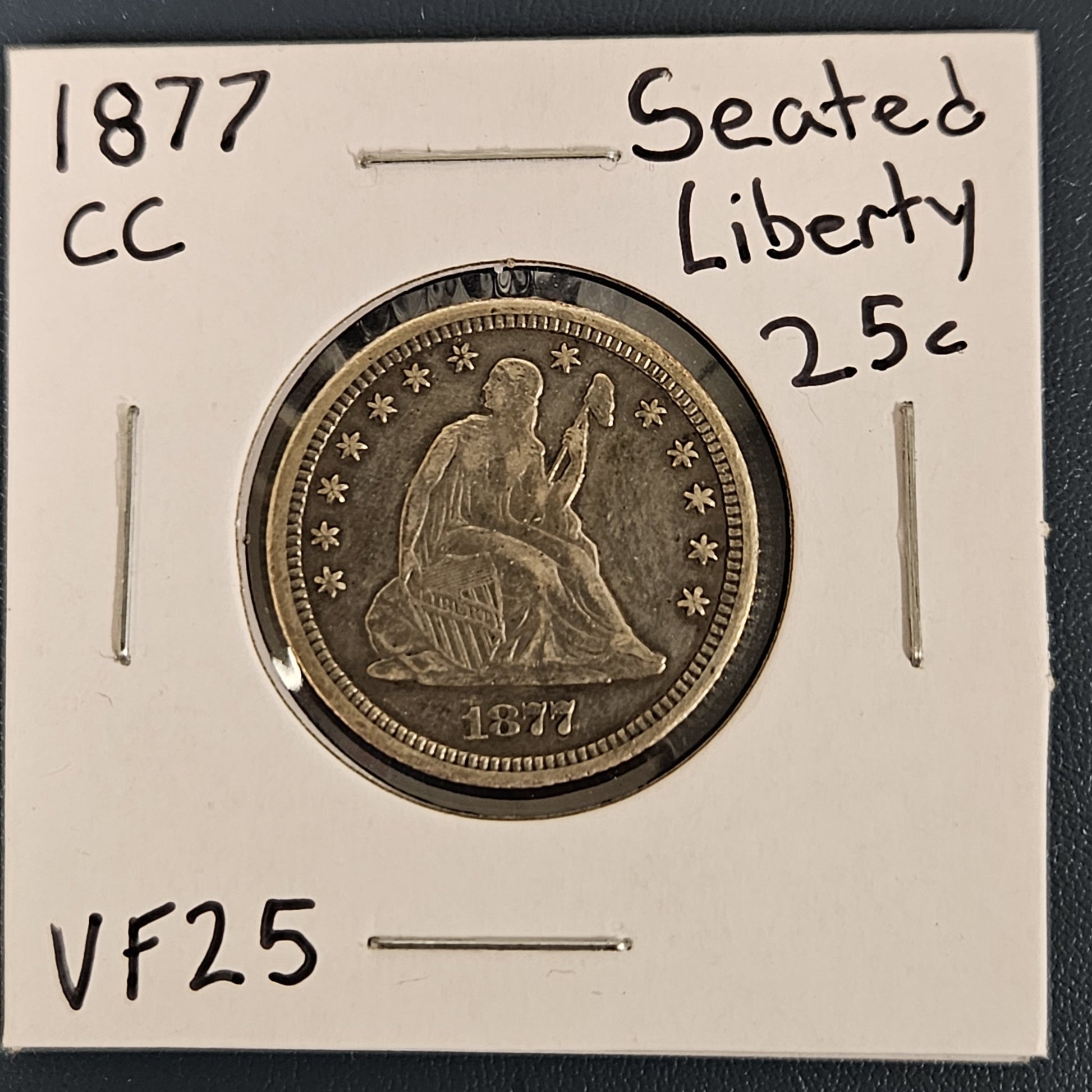 1877 CC Seated Liberty Quarter Carson City Mint VF25 5215.25-A  — Obverse