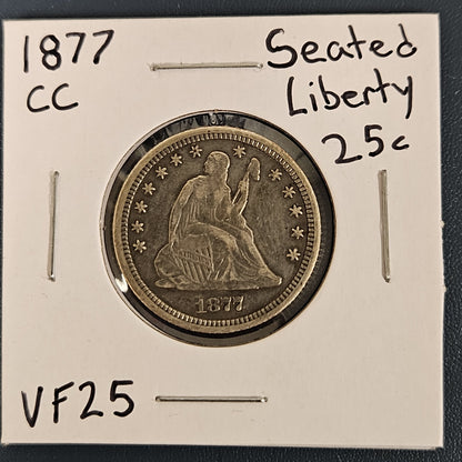 1877 CC Seated Liberty Quarter Carson City Mint VF25 5215.25-A  — Obverse