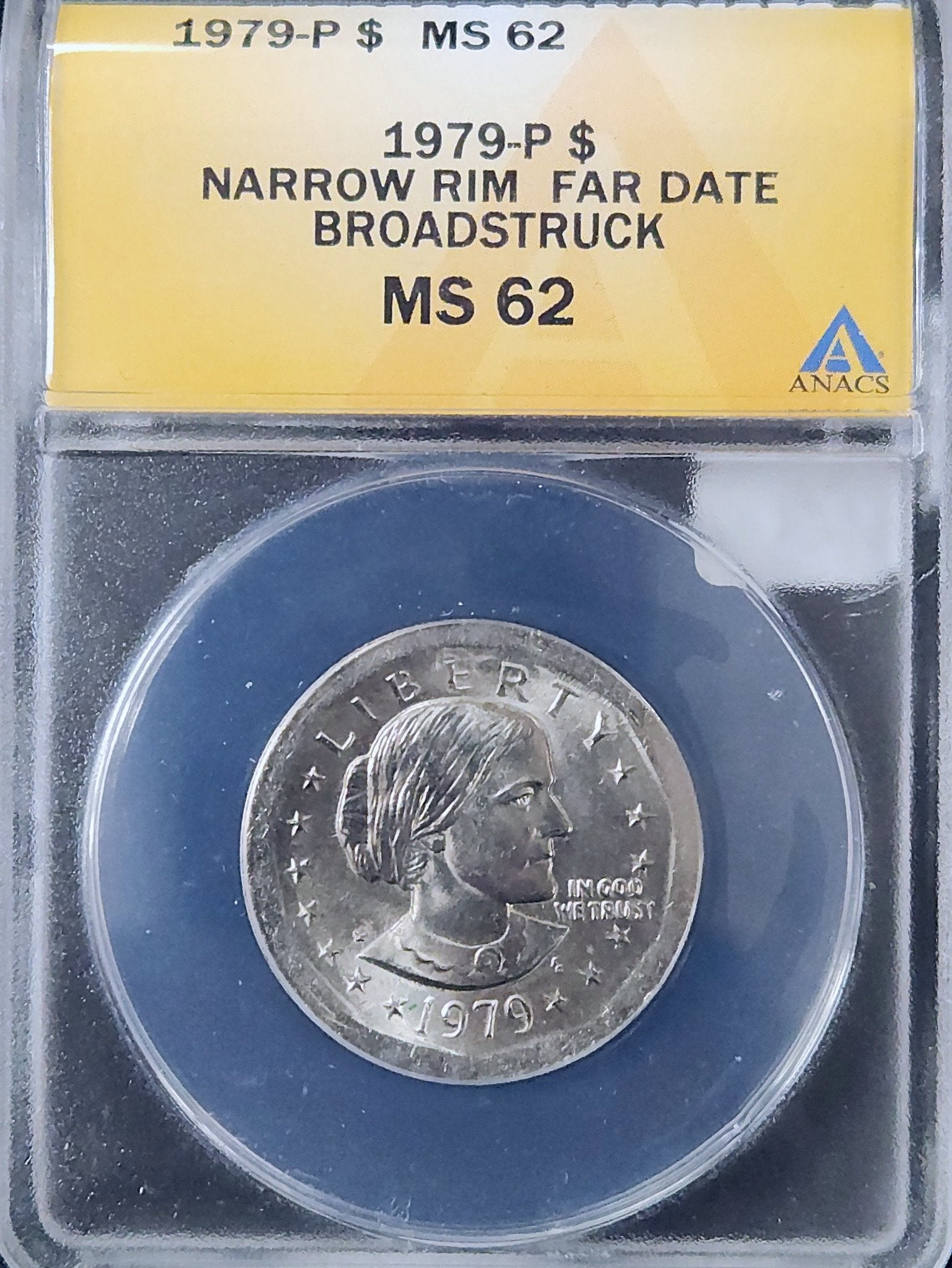 1979-P Susan B. Anthony MS62 Narrow Rim Far Date Broadstruck 7971.62-00957162043574951000 — Obverse