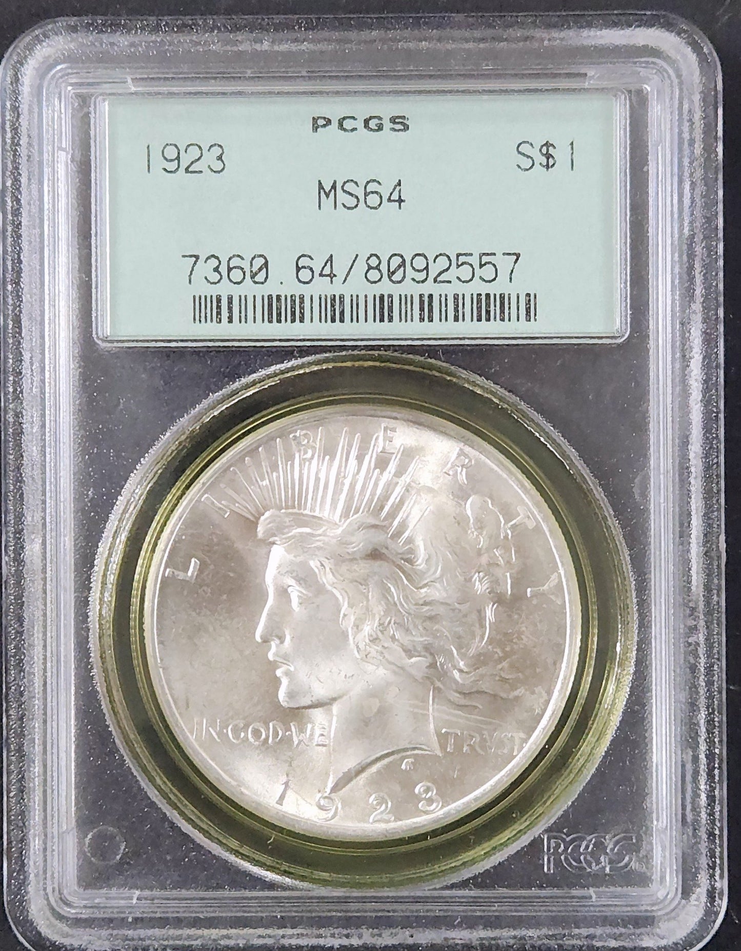 1923 Peace Dollar MS64 PCGS Green Slab 7891.65-0073606408092557 — Obverse