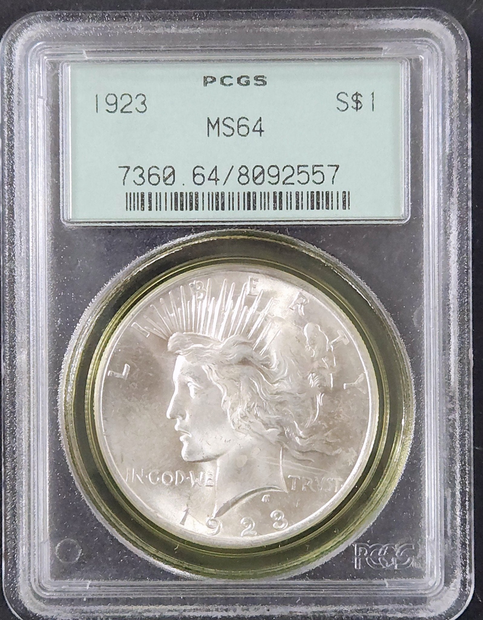 1923 Peace Dollar MS64 PCGS Green Slab 7891.65-0073606408092557 — Obverse