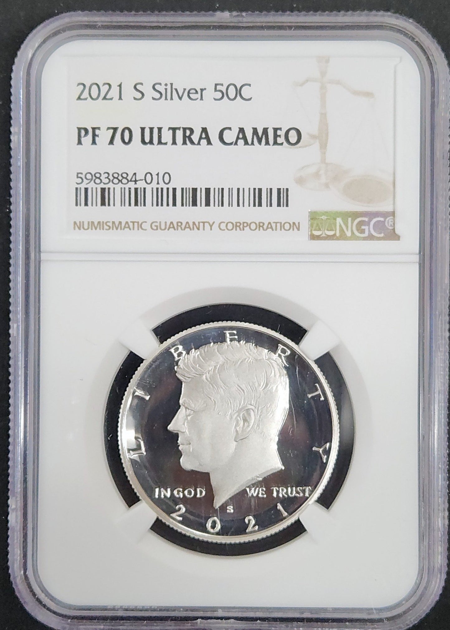 2021-S Silver Kennedy Half Dollar Proof 70 Ultra Cameo NGC 85156.N70-82611470005983884010 — Obverse