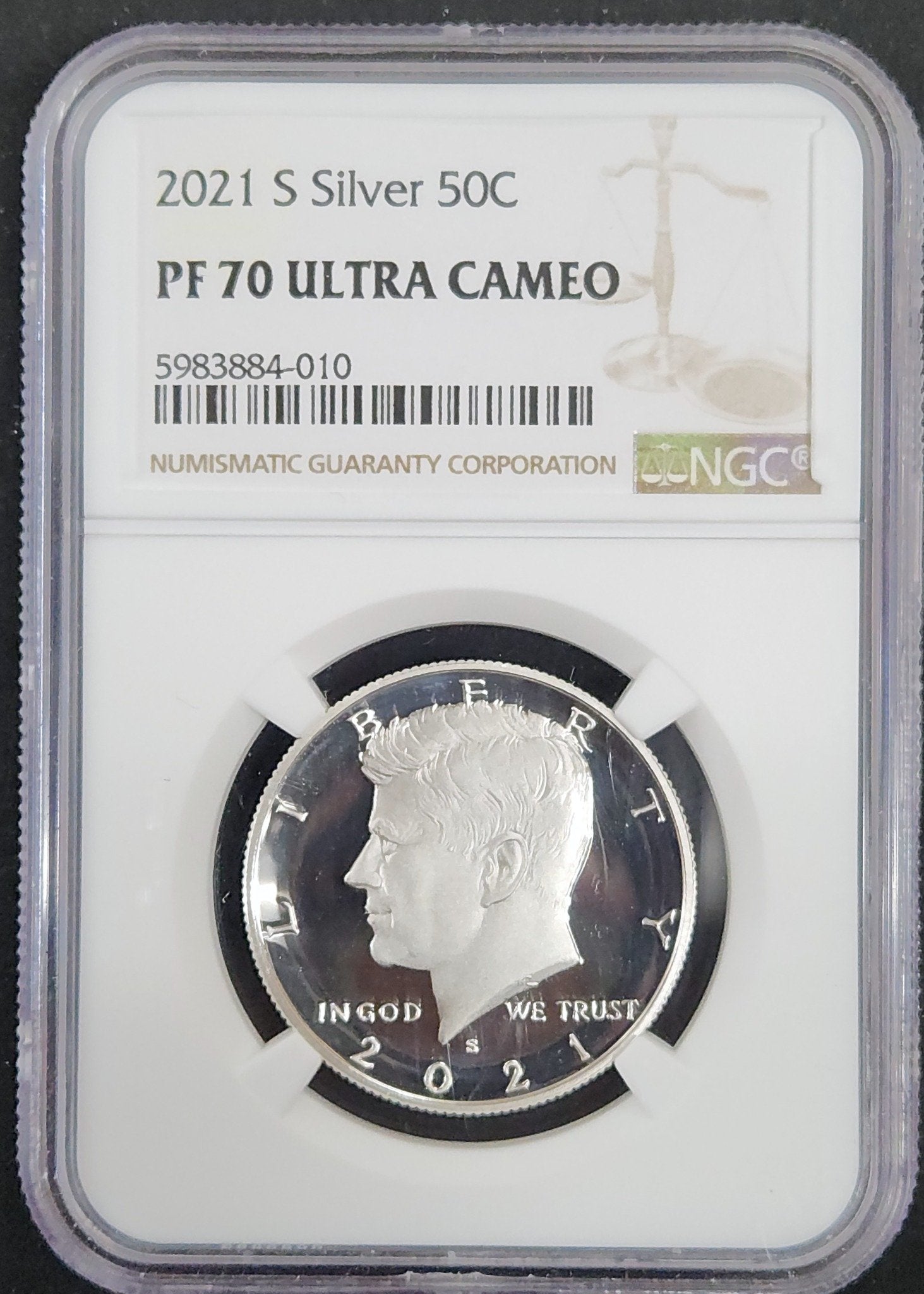 2021-S Silver Kennedy Half Dollar Proof 70 Ultra Cameo NGC 85156.N70-82611470005983884010 — Obverse