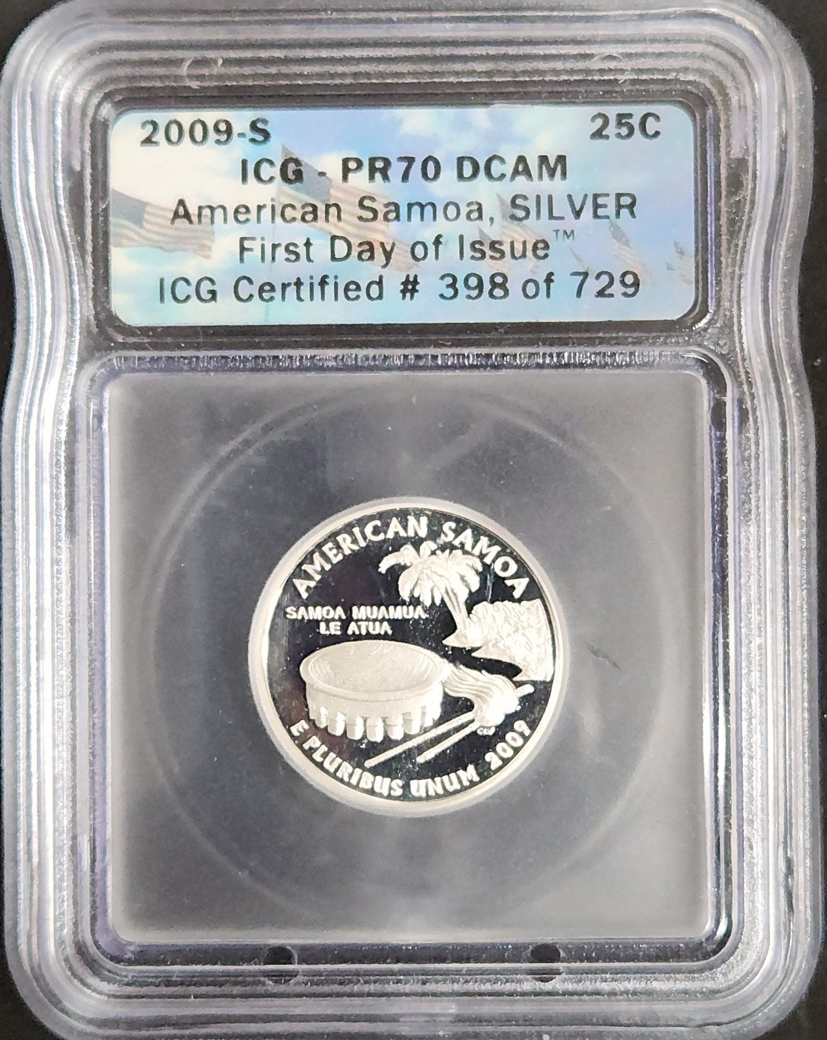 2009-S American Samoa Quater Silver Proof 70 DCAM First Day Of Issue ICG Certified #398 Of 729 ICG 71263.70-1843930501 — Reverse