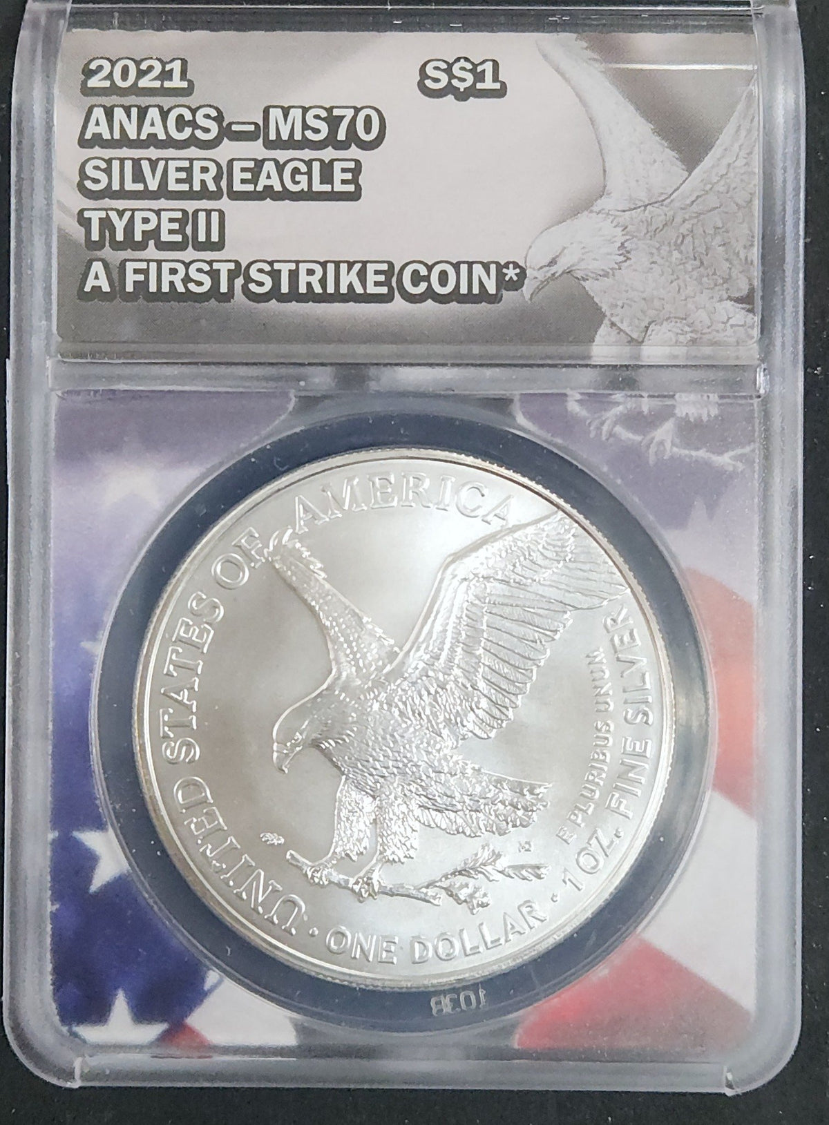 2021 Silver Eagle MS70 Type 2 A First Strike Coin ANACS 121150.70-0200882010149976 — Obverse