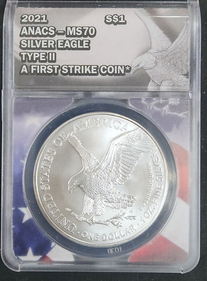2021 Silver Eagle MS70 Type 2 A First Strike Coin ANACS 121150.70-0200882010149976 — Obverse