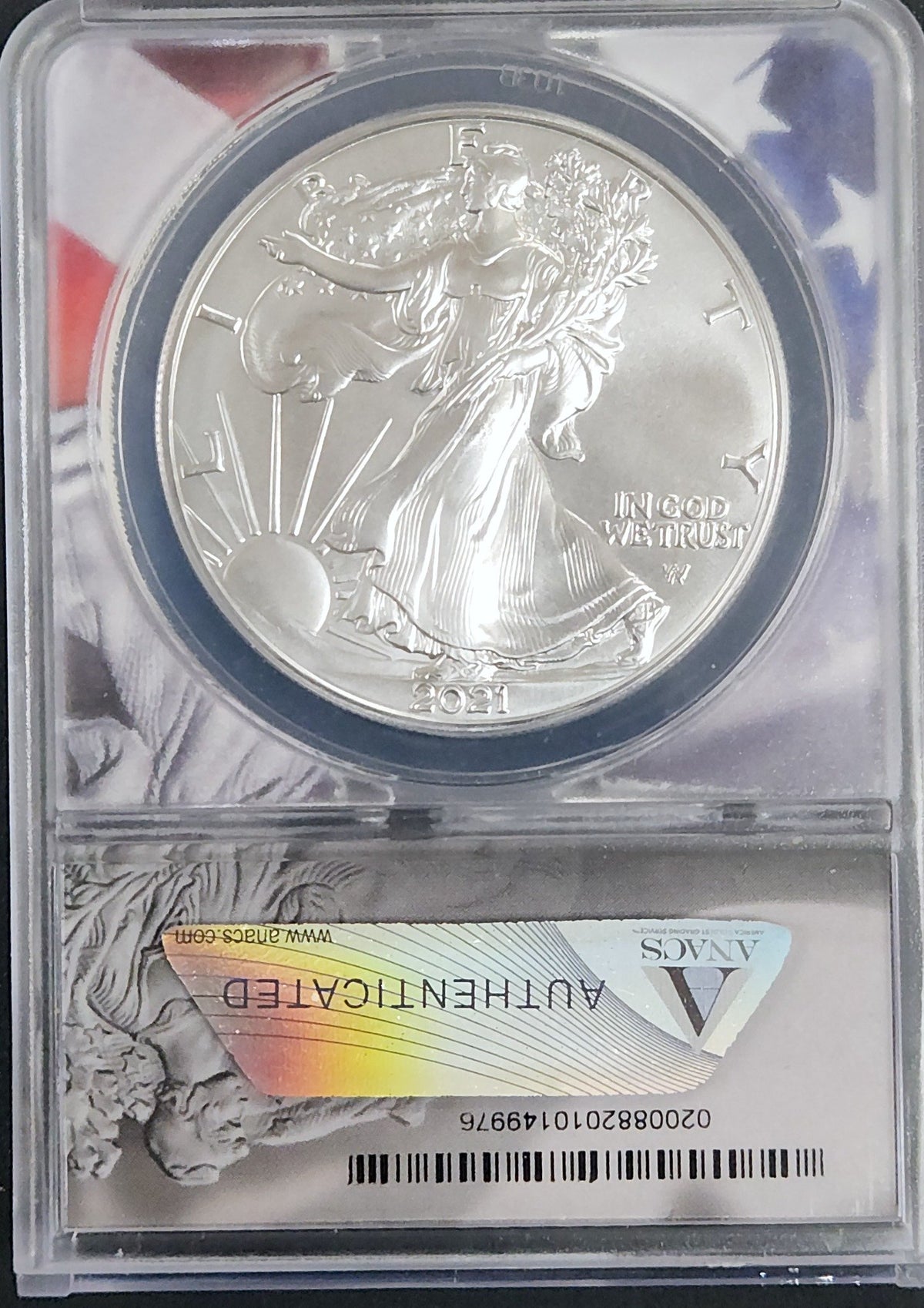 2021 Silver Eagle MS70 Type 2 A First Strike Coin ANACS 121150.70-0200882010149976 — Reverse