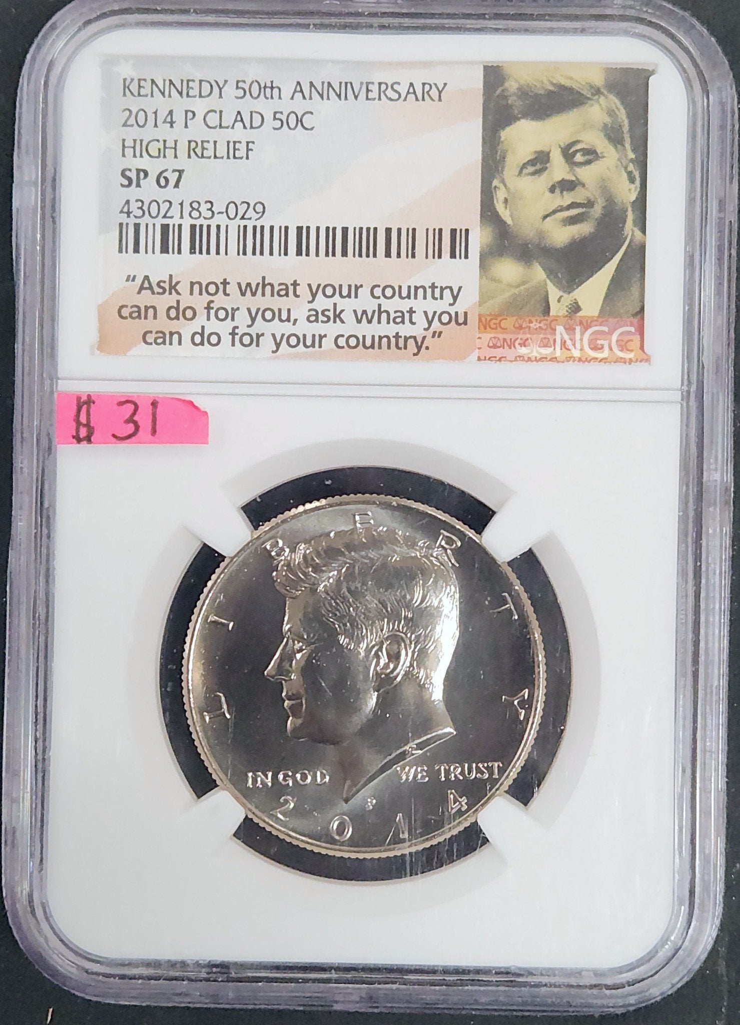 2014-P Kennedy Half Dollar SP67 50th Anniversary Clad High Relief NGC 82061.67-82430067004302183029 — Obverse