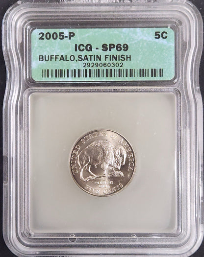 2005-P SP69 Jefferson Nickel Bison/Buffalo Satin Finish ICG 24952.69-292704692929060302 — Obverse