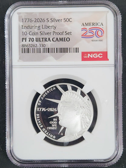 1776-2026 S Silver Half Dollar Enduring Liberty Proof 70 Ultra Cameo 10-Coin Silver Proof Set American 250 NGC 395511.70-42747470008863262330 — Obverse
