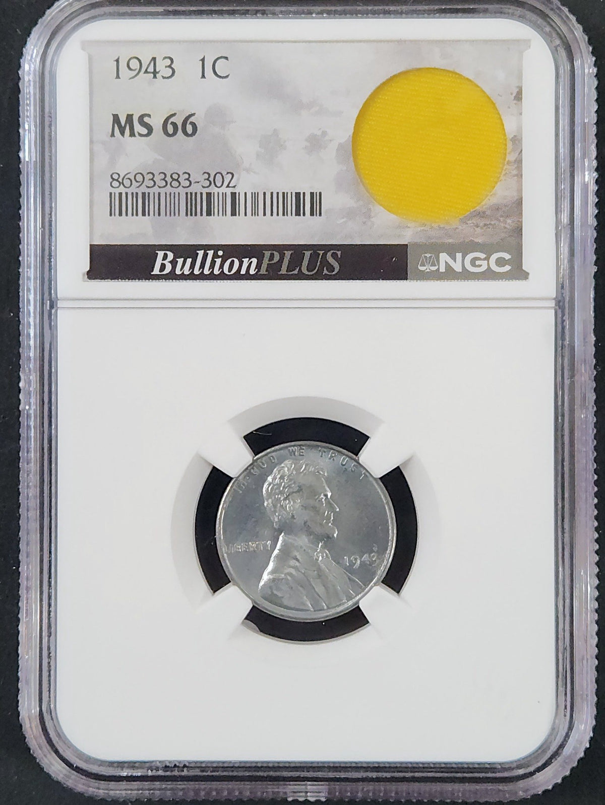 1943 Steel Cent MS66 With World War 2 Era U.S. Military Static-Line Parachute Fragment EZYK — Obverse