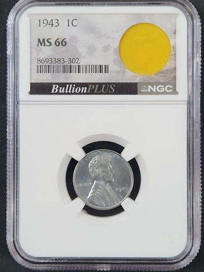 1943 Steel Cent MS66 With World War 2 Era U.S. Military Static-Line Parachute Fragment EZYK — Obverse