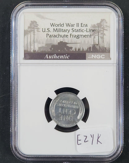 1943 Steel Cent MS66 With World War 2 Era U.S. Military Static-Line Parachute Fragment EZYK — Reverse