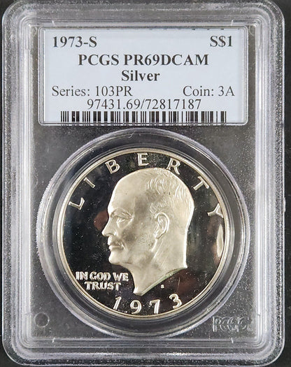 1973-S Eisenhower Dollar Silver PR69DCAM 7948.69-0974316972817187 — Obverse