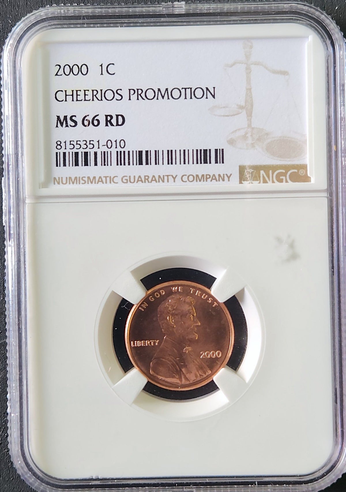 2000 Lincoln Cent Cheerios Promotion MS66 RD NGC 70092.66-81955666006572850038 70092.66-81955666008155351010 — Obverse