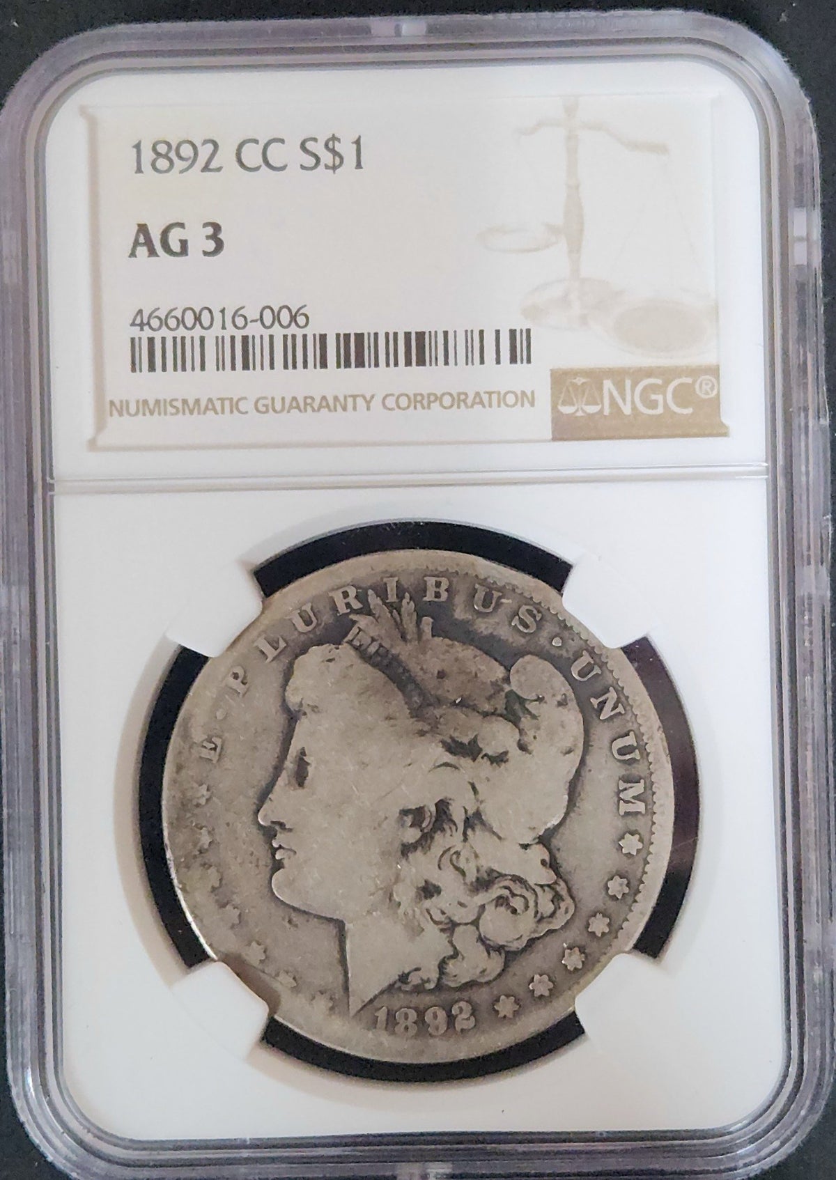 1892-CC Morgan Dollar Carson City AG-3 7604.3-01721403004660016006 — Obverse