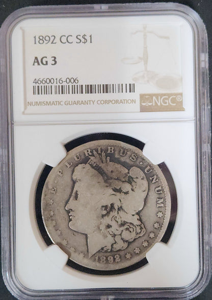 1892-CC Morgan Dollar Carson City AG-3 7604.3-01721403004660016006 — Obverse