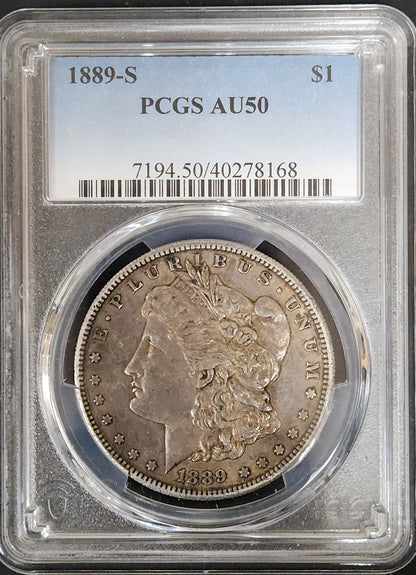 1889-S Morgan Dollar AU50 PCGS 7558.50-1000071940050040278168 — Obverse