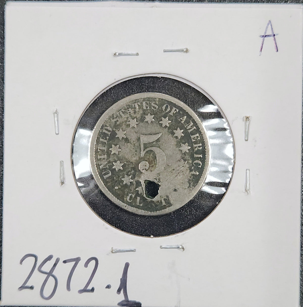 1869  Holed Shield Nickel P-1 2872.1-A — Reverse