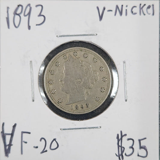 1893 V-Nickel VF-20 2958.20-A — Obverse
