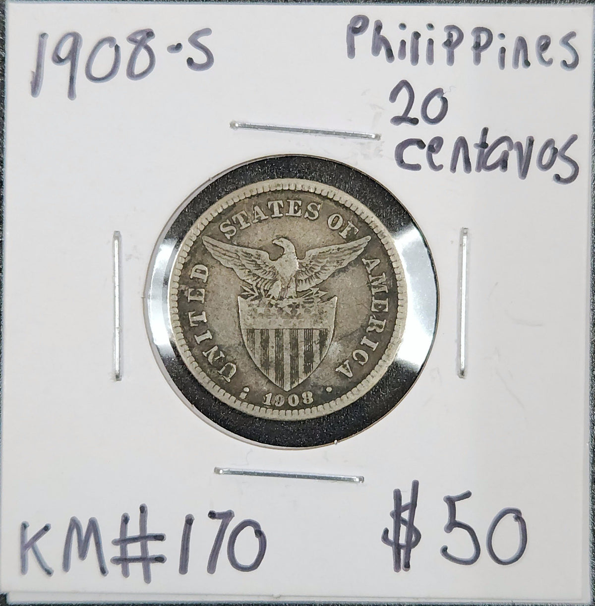 1908-S Philippines 20 Centavos 4E5Q — Obverse