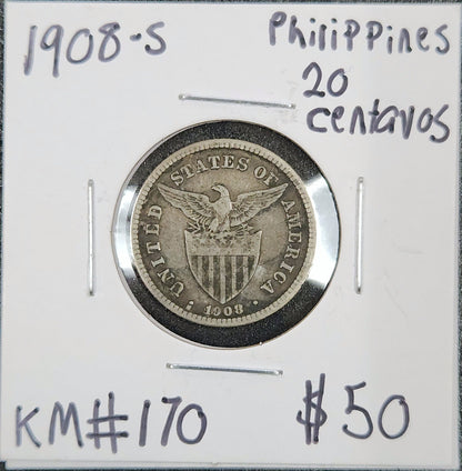 1908-S Philippines 20 Centavos 4E5Q — Obverse