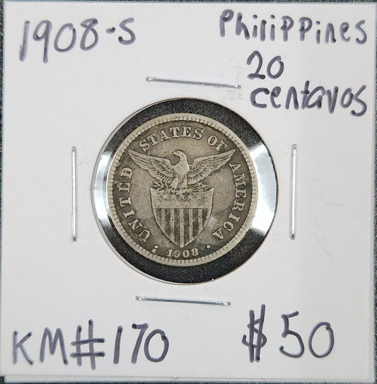 1908-S Philippines 20 Centavos 4E5Q — Obverse