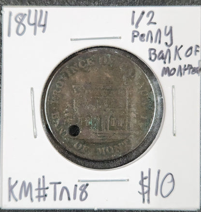 1844 1/2 Penny Bank Of Montreal KM#TN18 PVQ7 — Obverse