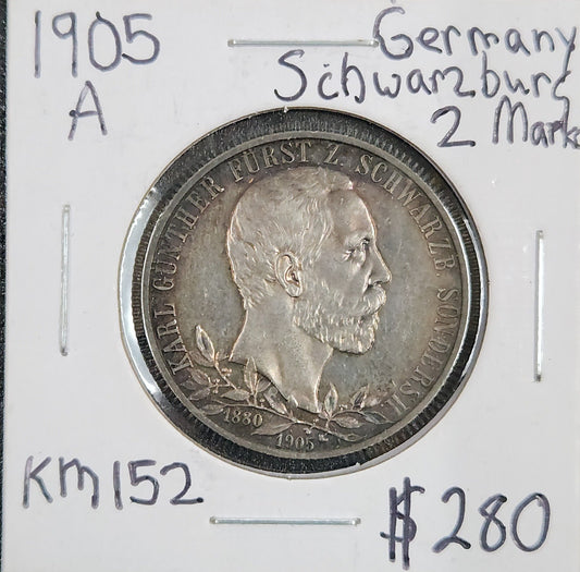 1905 A Germany Schwarzburg 2 Marks KM#152 SP6D — Obverse
