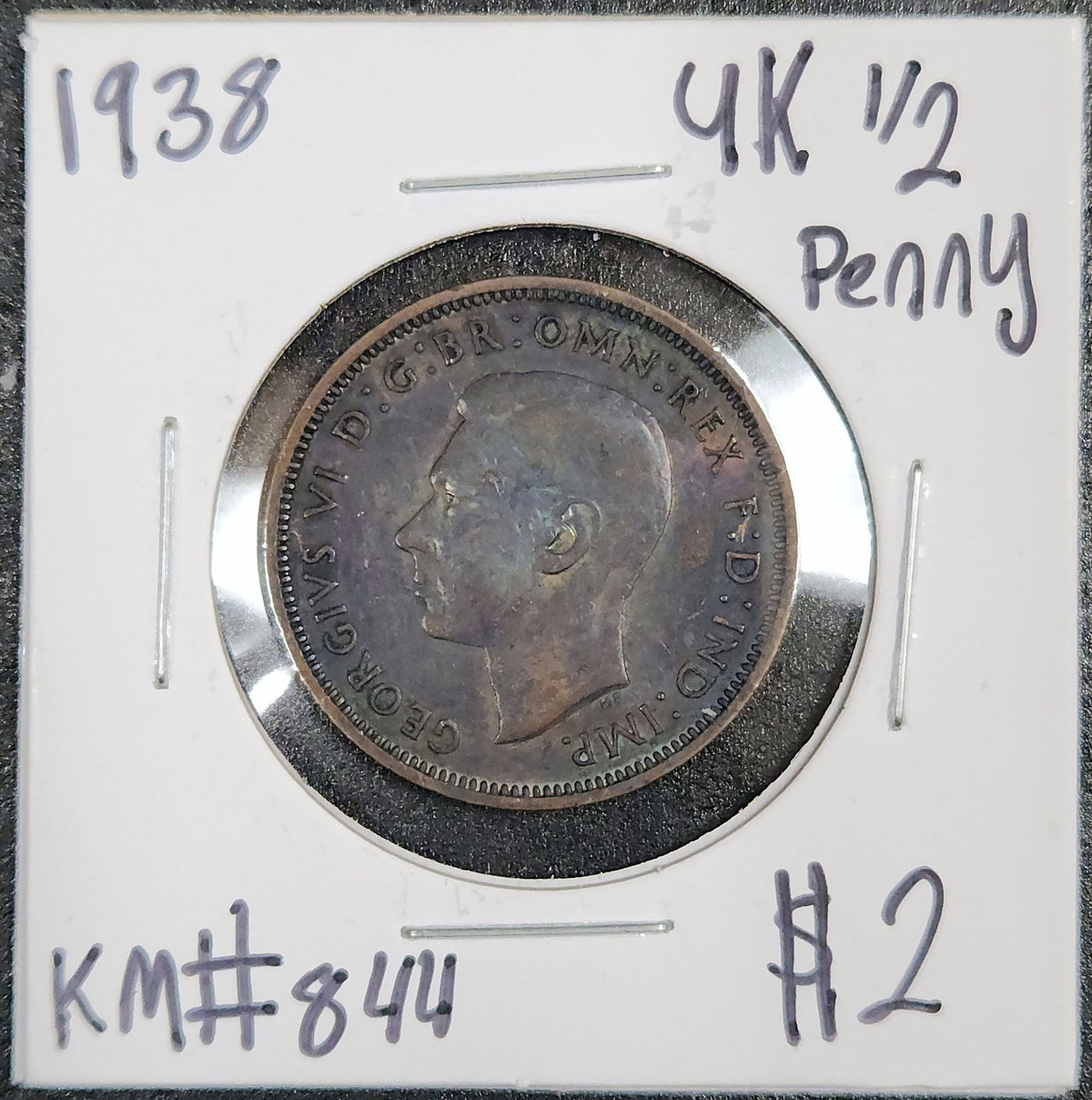 1938 UK 1/2 Penny KM#844 3E99 — Obverse