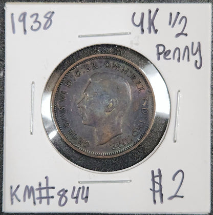 1938 UK 1/2 Penny KM#844 3E99 — Obverse