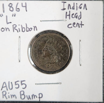 1864 "L" On Ribbon Indian Head Cent AU55 Rim Bump 1452.55-A — Obverse