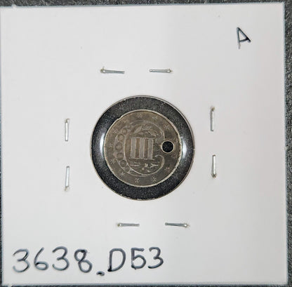 1871 3 Cent Silver AU Details-Holed KEY DATE 3,400 MINTAGE 3638.D53-A — Reverse