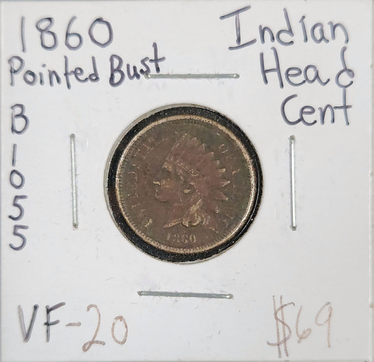 1860 Pointed Bust Indian Head Cent VF-20 1290.20-A — Obverse