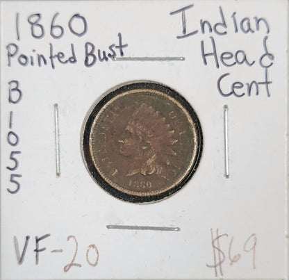 1860 Pointed Bust Indian Head Cent VF-20 1290.20-A — Obverse