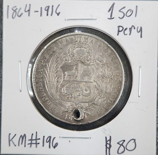 1864-1916 1 Sol Pery Km#196 Holed GZ2B — Obverse