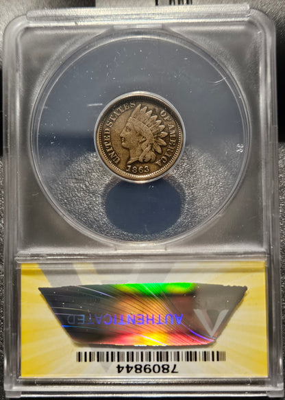 1863 Indian Head Cent Error Major Reverse Die Break CUD ANACS VG10 7809844